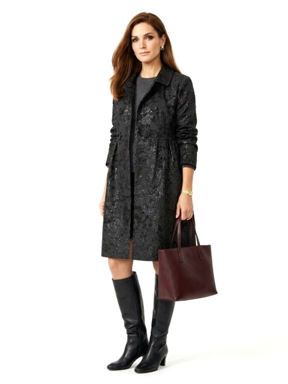 Simply Vera Vera Wang Black Floral Brocade Jacquard Coat L Babydoll Empire
